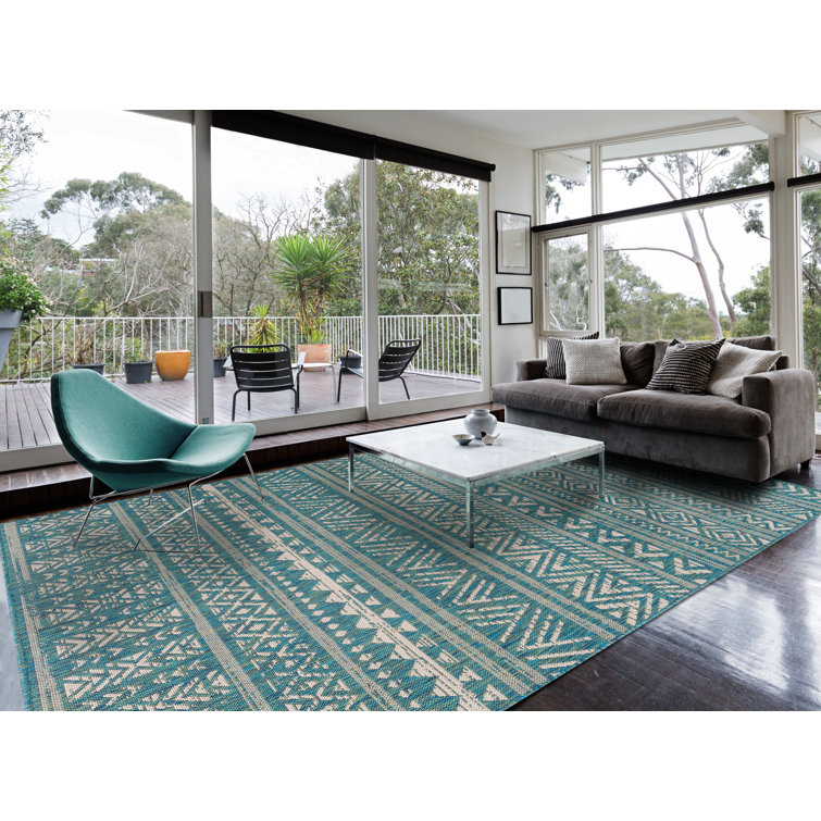 Foundstone™ Reece Indoor / Outdoor Area Rug in Teal Blue/Cream